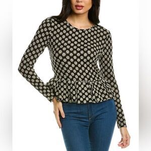 Rebecca Taylor Black & Cream Floral Lace Detail‎ Peplum Top New XS
